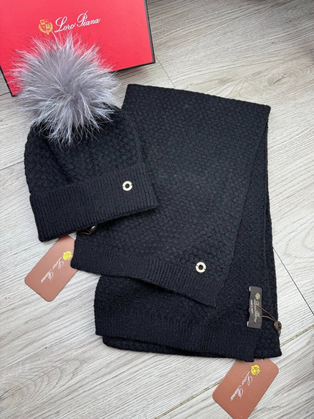 Loro Piana Black Cashmere Knit Beanie Hat Fur Pom Pom Scarf Set